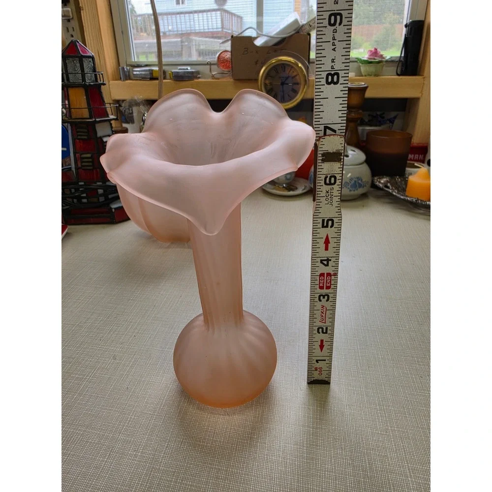Vintage Pink Frosted Satin Glass Jack in the Pulpit Vase Ruffled Rim 7.25in